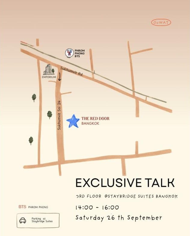 ใบประกาศงาน Exclusive Talk พร้อมแผนที่วาดมือบอกทางไป The Red Door Bangkok ซอยสุขุมวิท 24